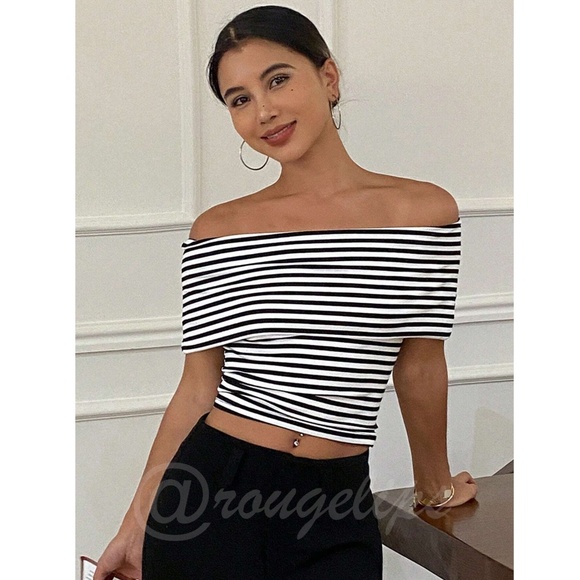 Striped Black White Rib Knit Fold Over Off Shoulder Slim Top Shirt - Picture 5 of 15